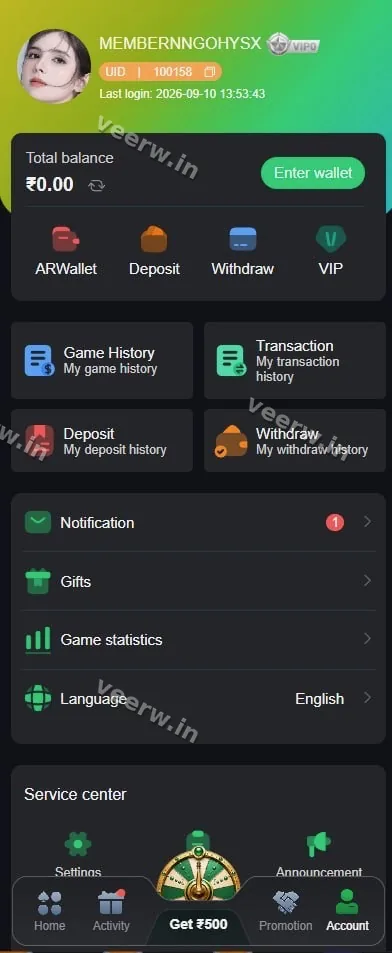 Veer Game account dashboard showing wallet, deposit, withdrawal and transaction options