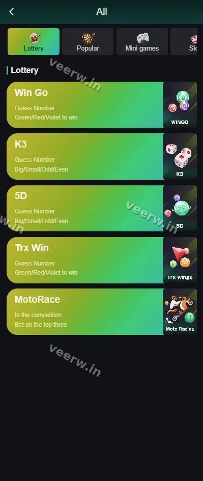 Veer Game lottery section listing Win Go, K3, 5D, Trx Win and MotoRace